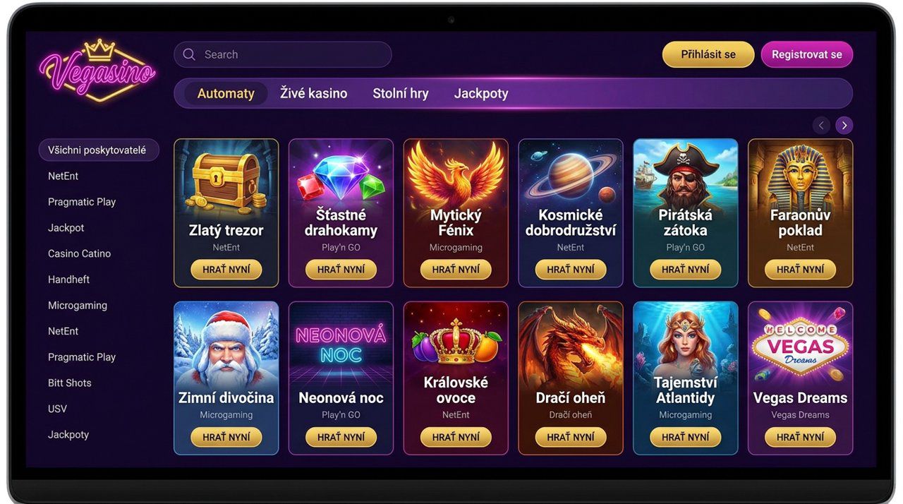 Úvodní stránka online casina Vegasino s nabídkou automatů, živého casina a jackpotů