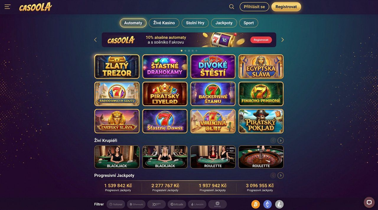 Úvodní stránka online casina Casoola s nabídkou automatů, živého casina a jackpotů