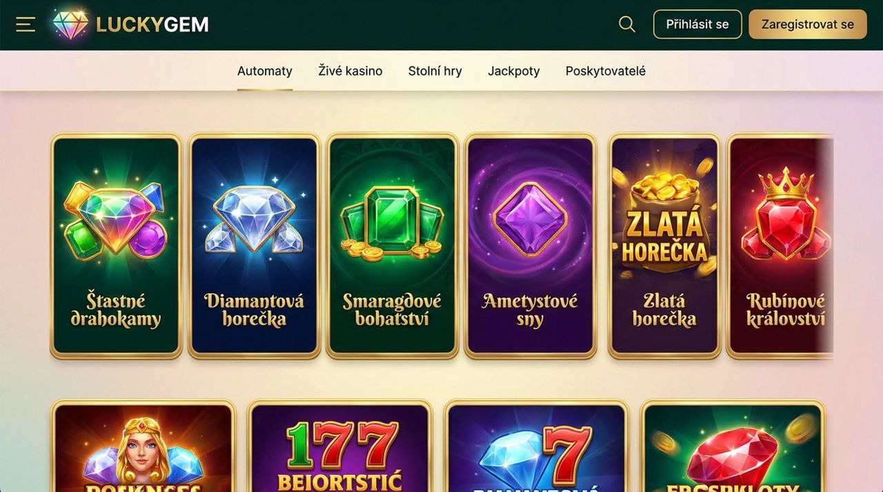 Úvodní stránka online casina Luckygem s nabídkou automatů a živého kasina