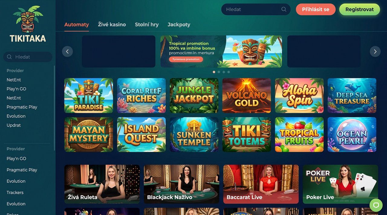 Úvodní stránka online casina Tikitaka s nabídkou automatů, živého kasina a jackpotů