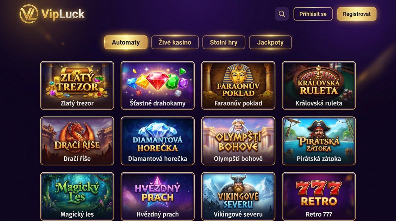 Úvodní stránka online casina VIPLuck s nabídkou automatů, živého kasina a jackpotů