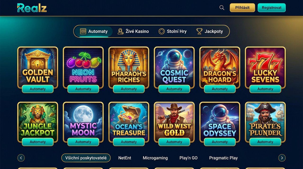 Úvodní stránka online casina Realz s nabídkou automatů a živého casina