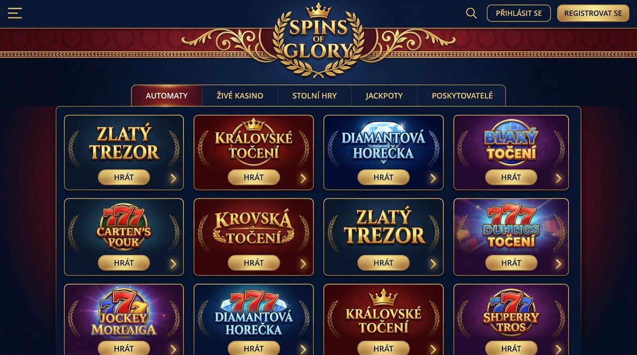 Snímek obrazovky webu Spins of Glory s nabídkou automatů a herních kategorií