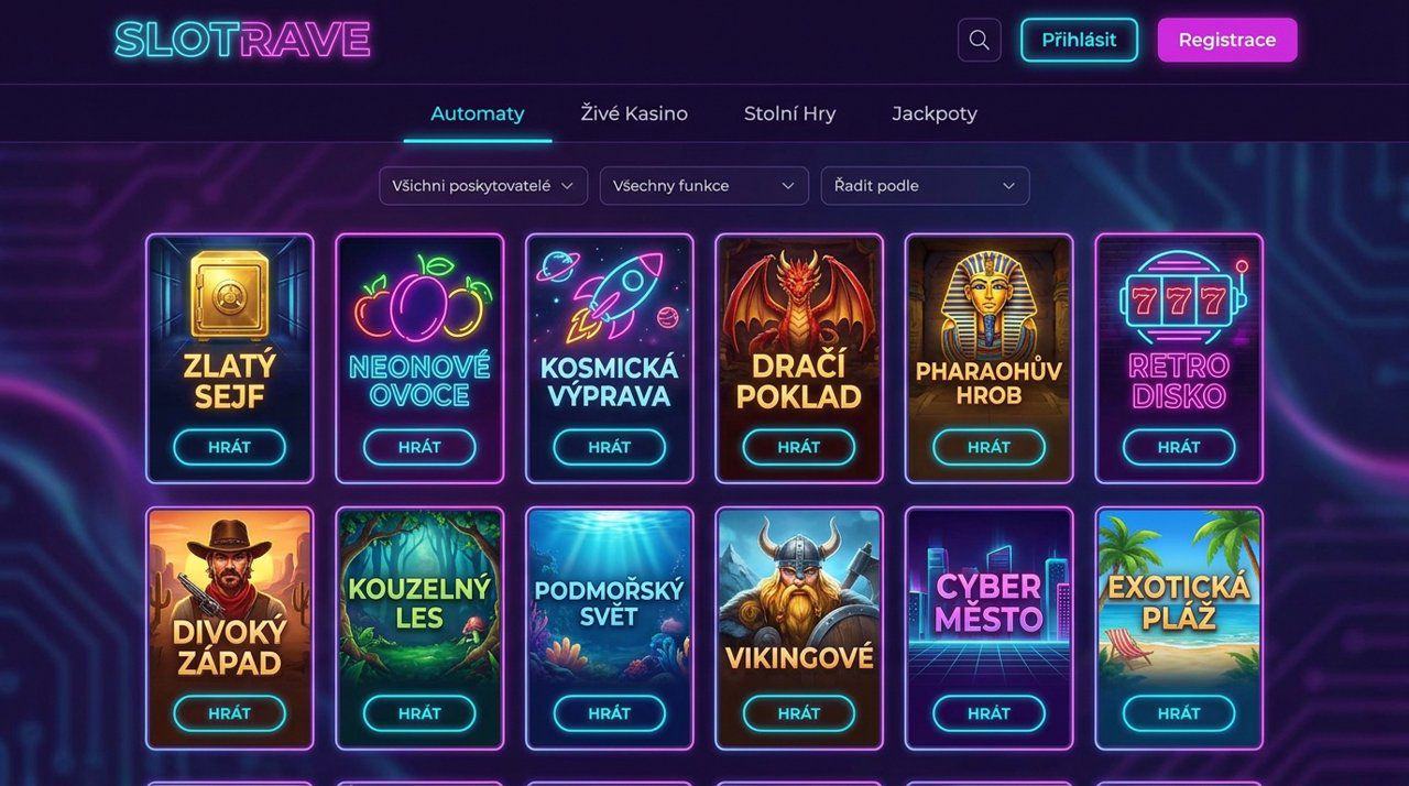Úvodní stránka online casina Slotrave s nabídkou automatů, živého casina a stolních her